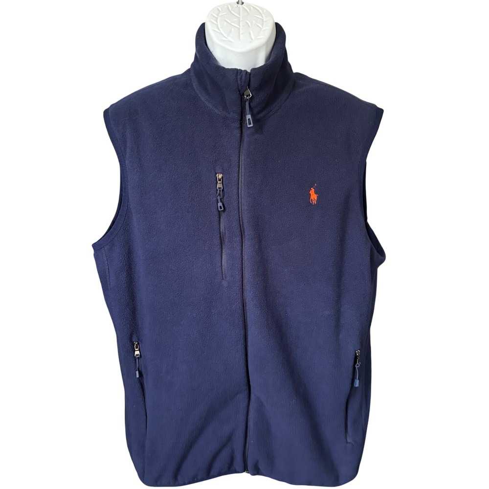 Polo Ralph Lauren Full Zip Fleece Vest Sz L Navy Orange Preppy